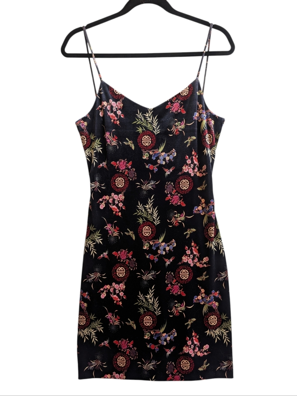 Vintage 90's Black Velvet Asian Floral Slip Dress Goth Whimsygoth Size medium